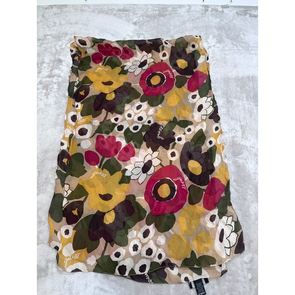 Guess by Marciano 100% Silk Scarf Italy Floral Camo Green Red Yellow Wrap 58x18